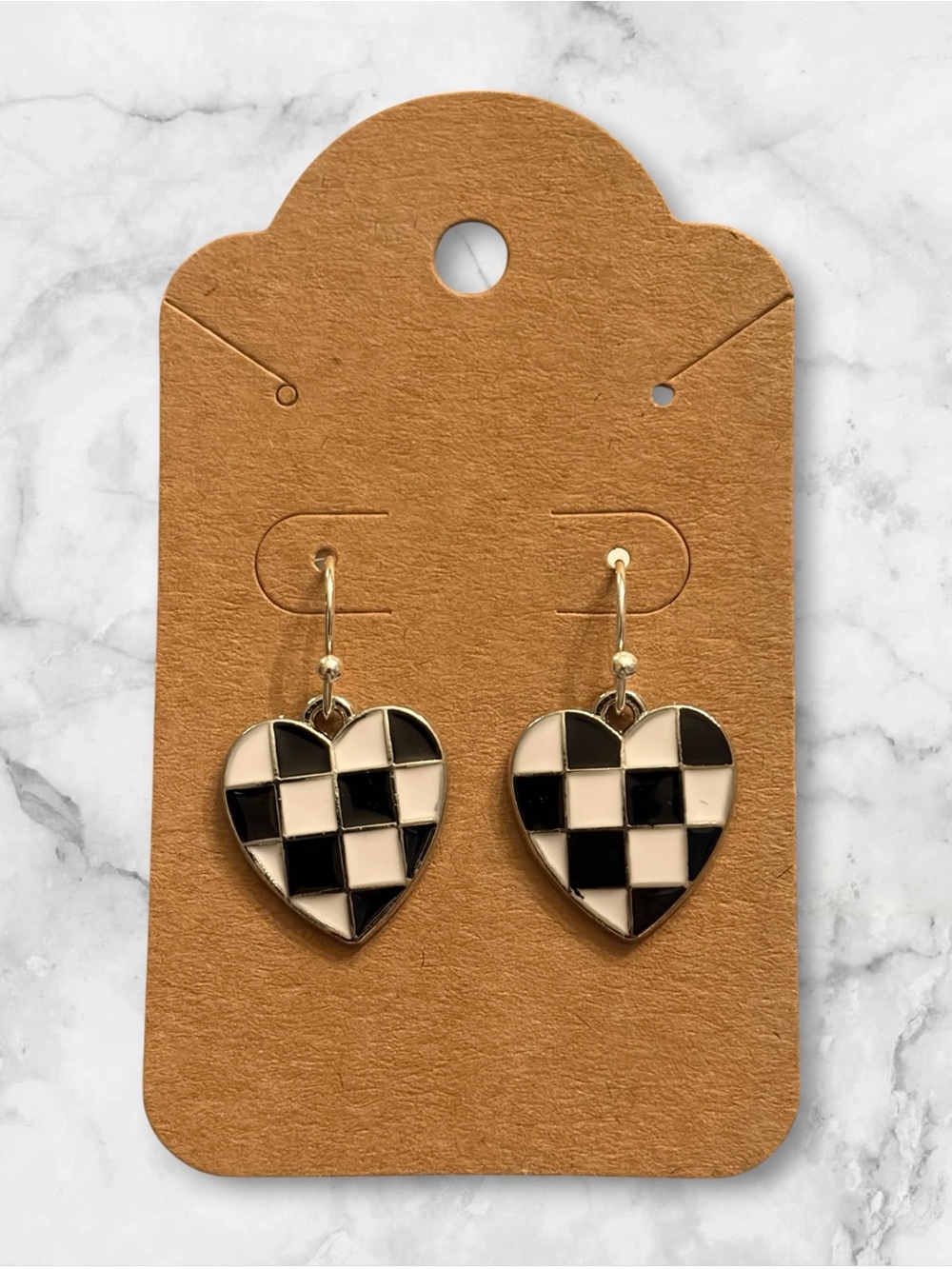 Silver Checkerboard Heart Drop Earrings - Black & White